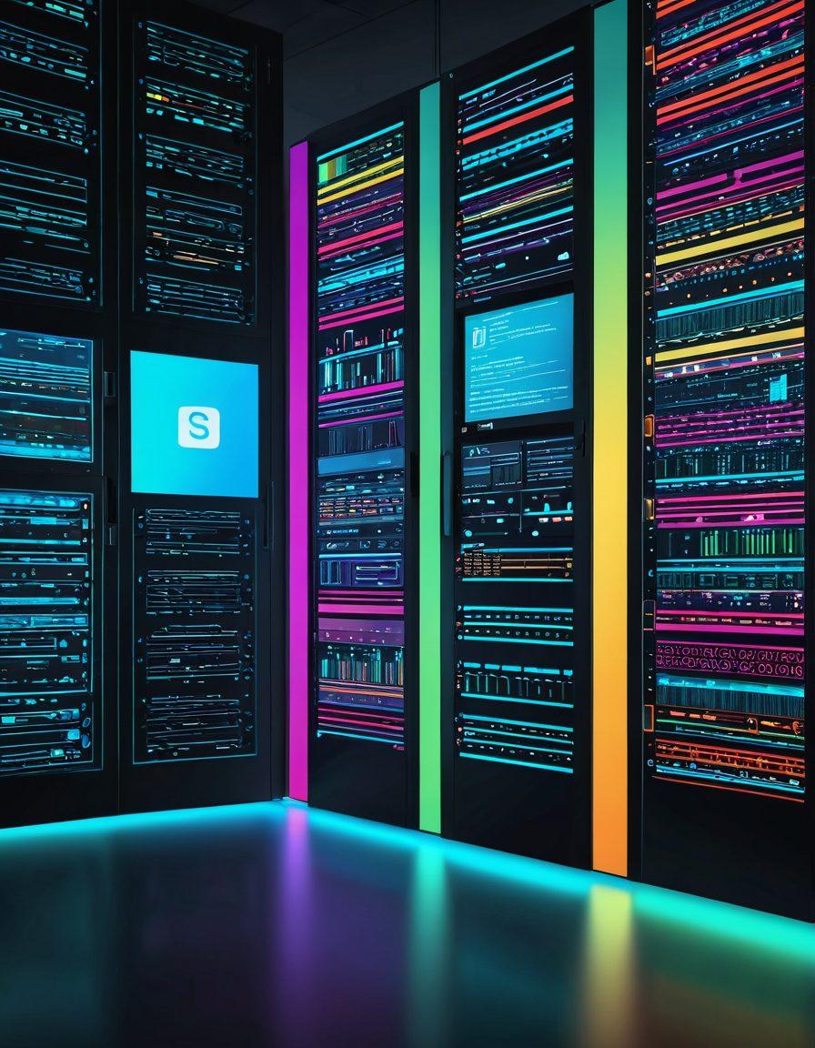 A dynamic and colorful image showcasing a split scene: on one side, a sleek and modern computer screen filled with vibrant front-end designs and UI elements, and on the other side, a complex array of code lines cascading into a server room filled with glowing network connections. The center where both sides meet should show a developer integrating both worlds effortlessly. Add subtle tech icons like HTML, CSS, JavaScript, and server icons subtly embedded throughout the image. vector art. vibrant colors.