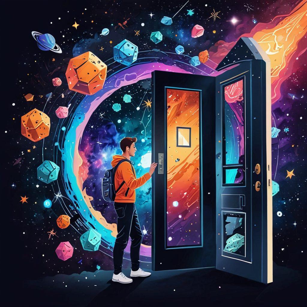 A celestial-themed illustration showing a developer unlocking a cosmic door, revealing a vibrant galaxy filled with icons representing various web development technologies (HTML, CSS, JavaScript, servers, databases). Superimposed are images of hosting servers evolving into full-stack applications. Digital asteroids and constellations form the tags 'HTML,' 'CSS,' 'JS,' 'Hosting,' and 'Full-Stack.' digital painting. vibrant colors. white background.