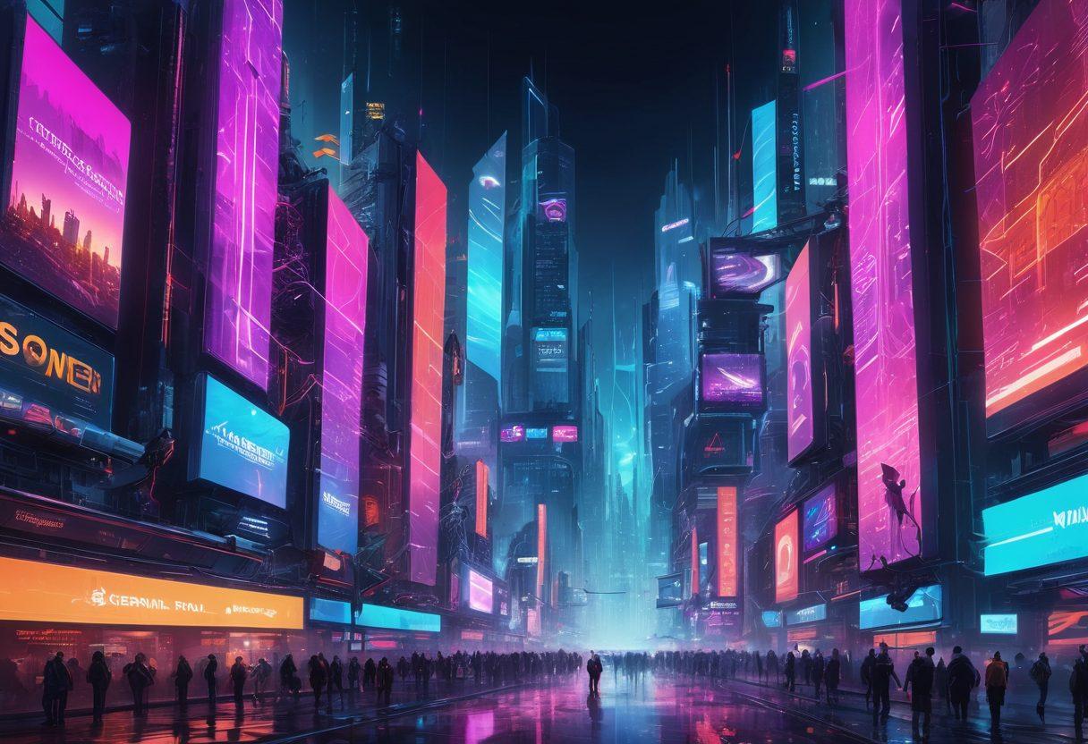 An ultramodern cityscape where towering digital billboards display vibrant website designs adapting seamlessly to various devices. Arrows and gears interconnect these billboards symbolizing SEO optimization. Neon data streams flow between the buildings, highlighting the interconnected digital web. cyberpunk. vibrant colors. high detail.